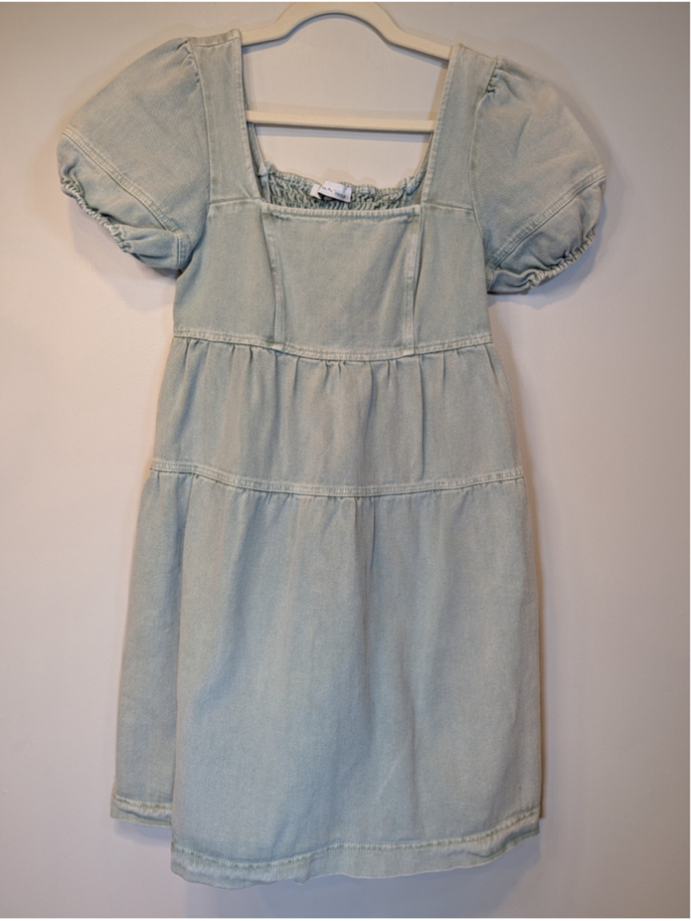 4SI3NNA Janessa Smocked Denim Mini Dress in Green / Light Blue - Size Small
